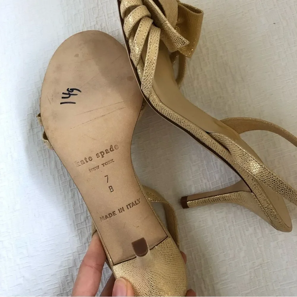 Kate Spade Maribeth Gold Metallic Bow Stiletto Slingback Pumps 7 Wedding Evening
